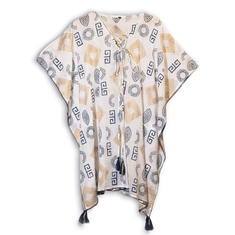 Nomad Sari Kaftan Gold & Blue Greek Motiff - Handpainted